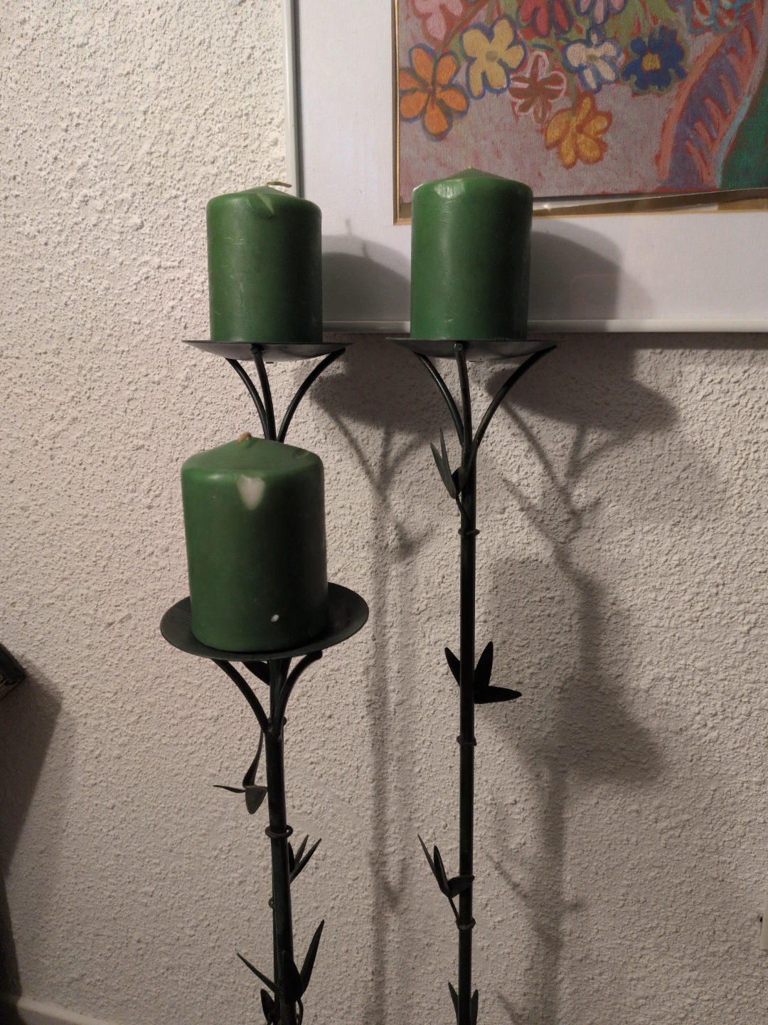 Green Pillar Candles on Black Metal Candelabra - photo 2