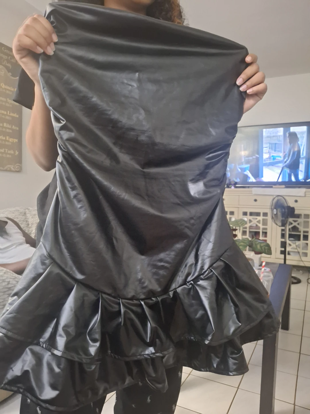 Black Faux Leather Strapless Dress with Ruffles