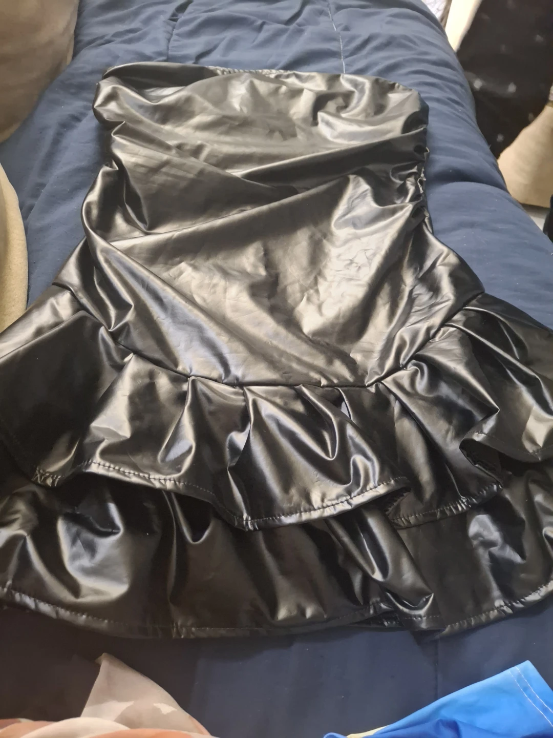 Black Faux Leather Strapless Dress with Ruffles - photo 2