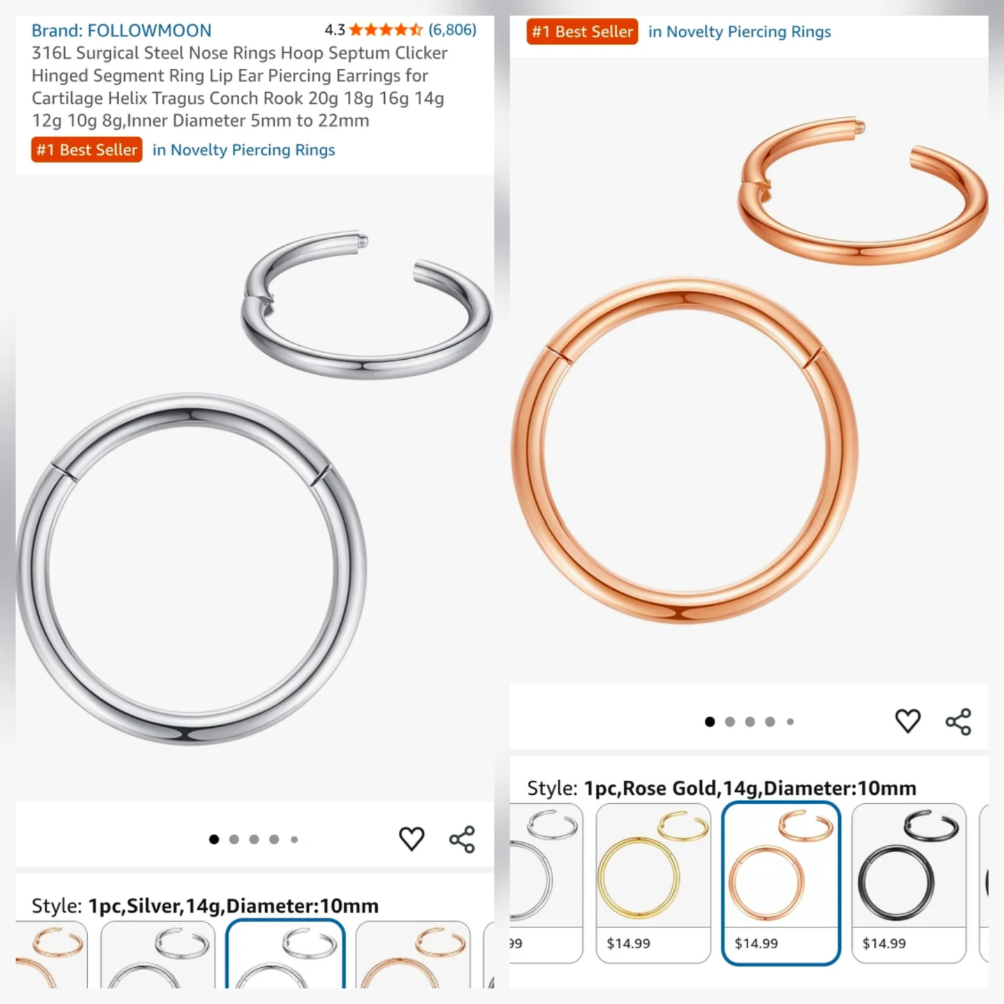 2 x FOLLOWMOON Hinged Segment Ring - 14G (1.6mm) * 10mm