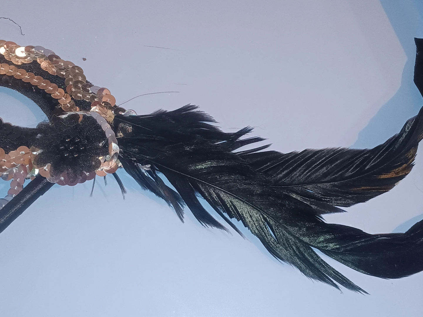 Black and Silver Sequined Masquerade Mask with Feather - photo 3