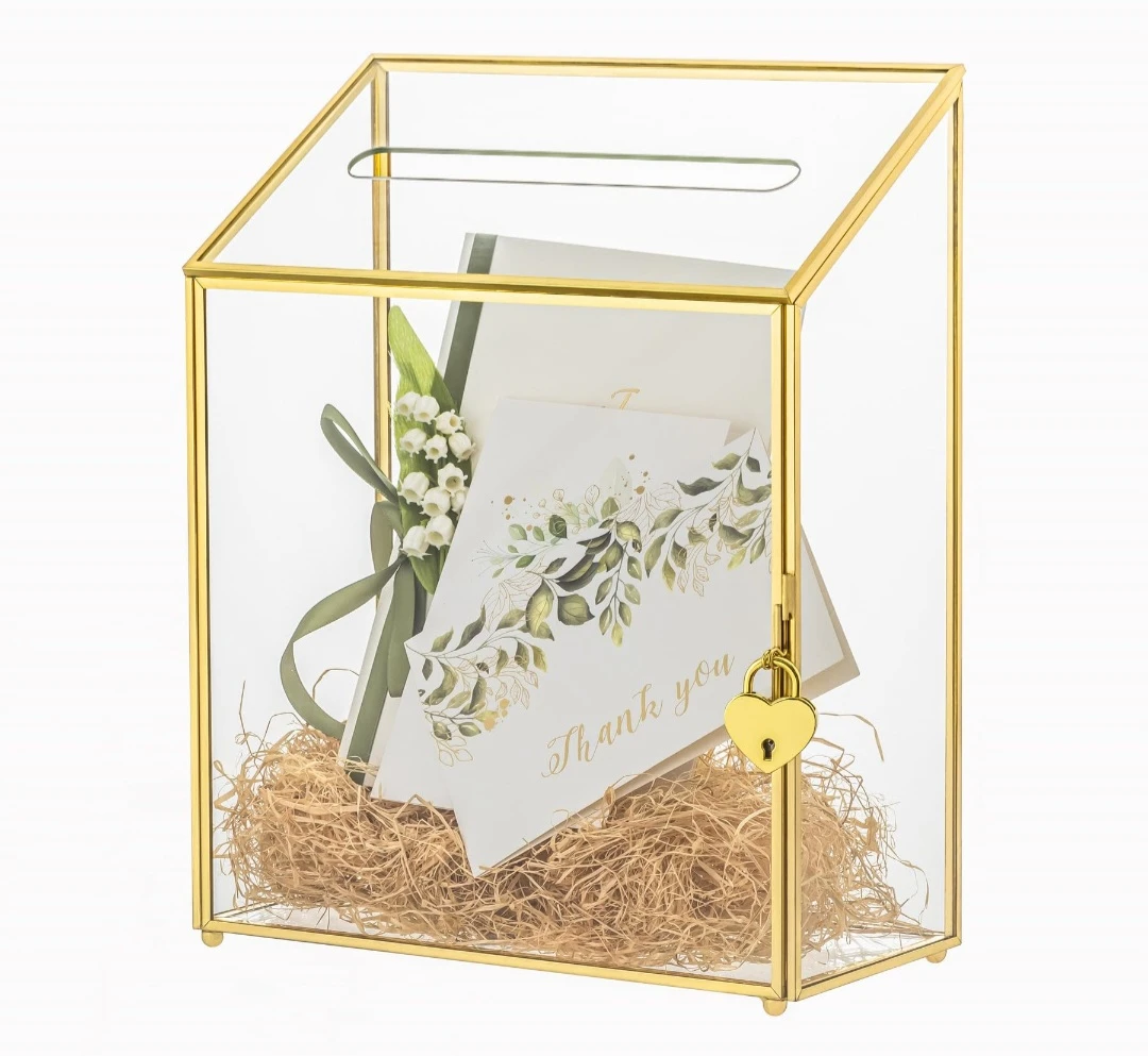 Gold Glass Wedding Card Box with Lock
