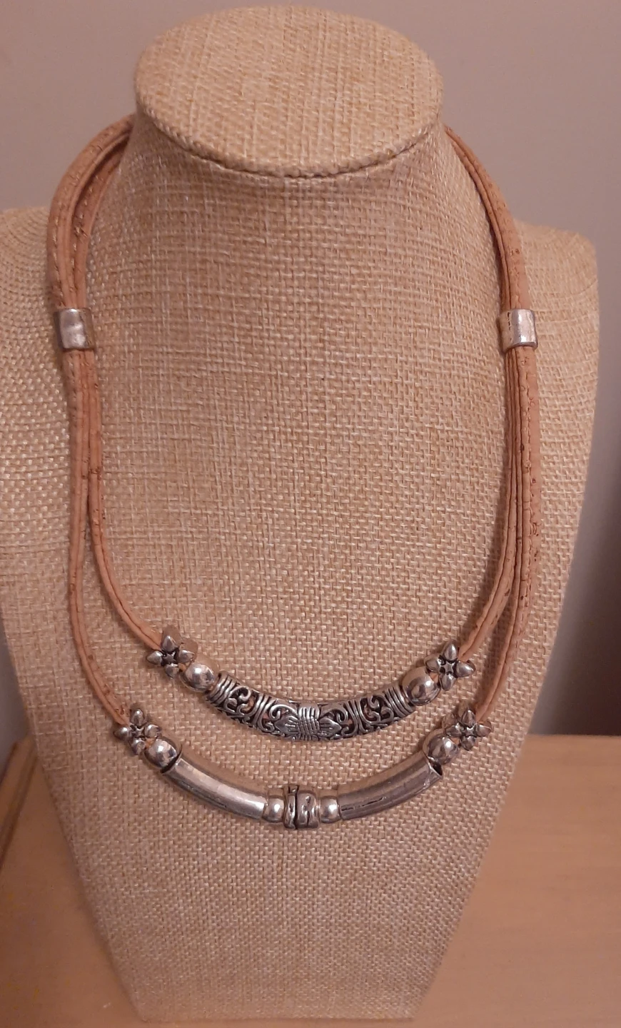 Layered Cork and Silver Tone Necklace
