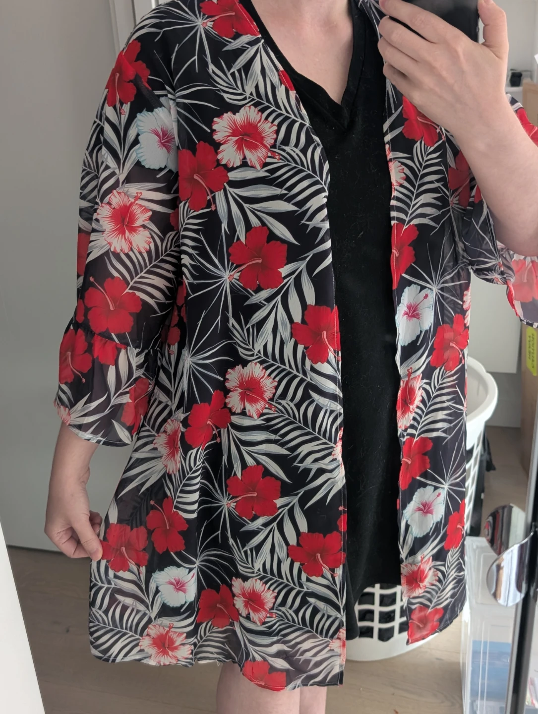Sheer Floral Black/Red/White Kimono