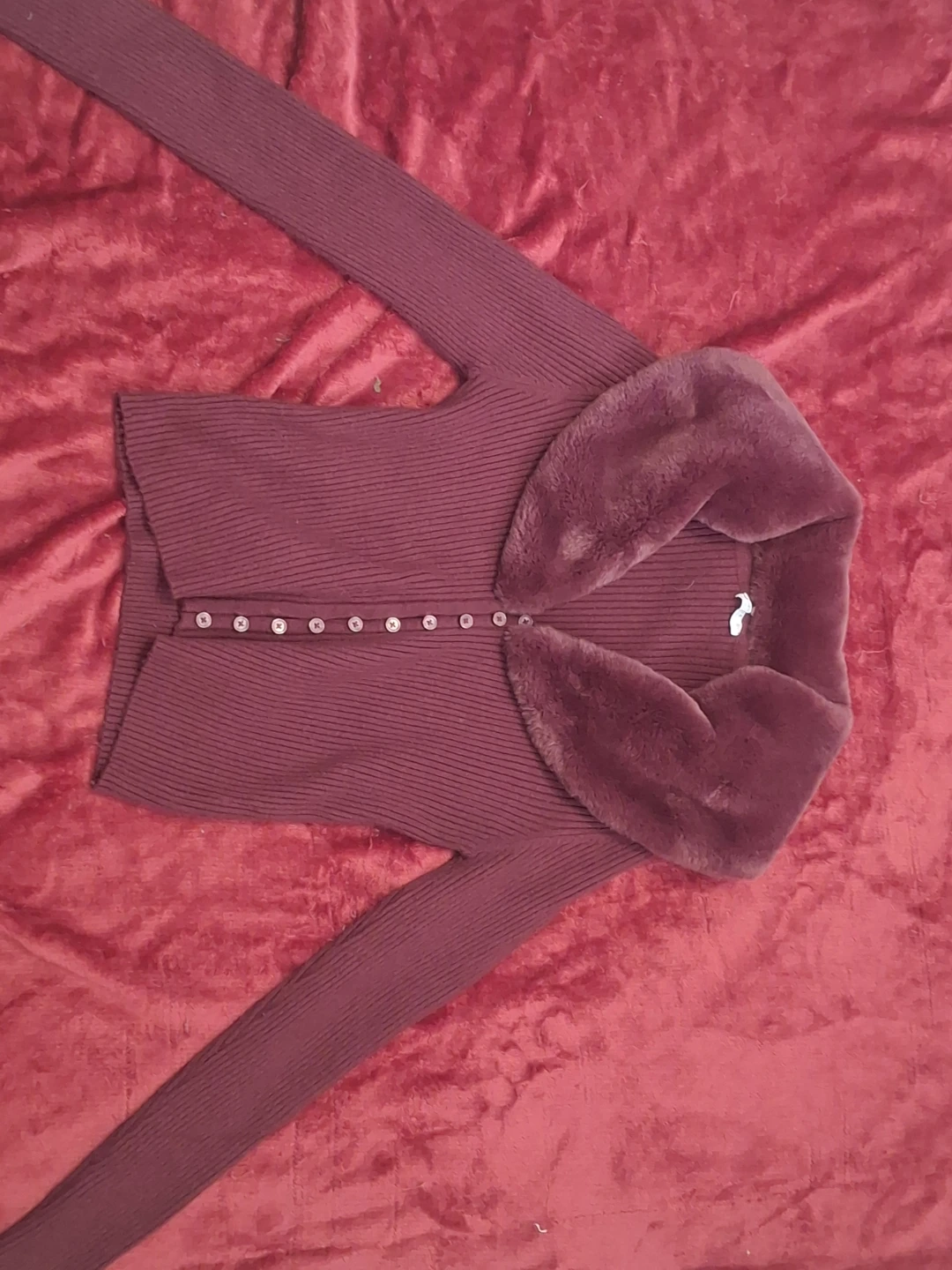 Ribbed Cardigan with Faux Fur Collar