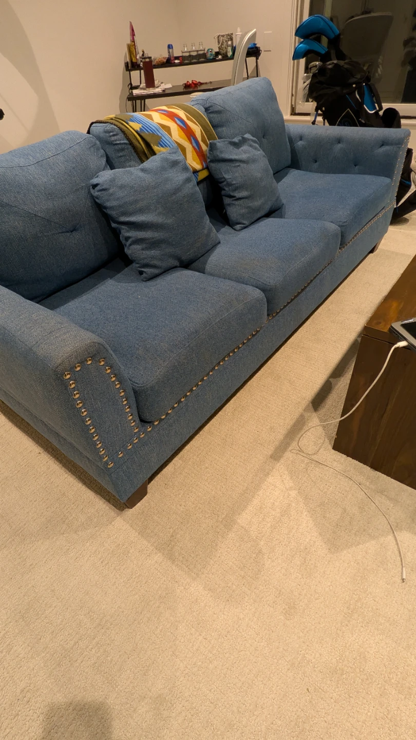 Blue Upholstered Sofa with Studded Details - photo 2