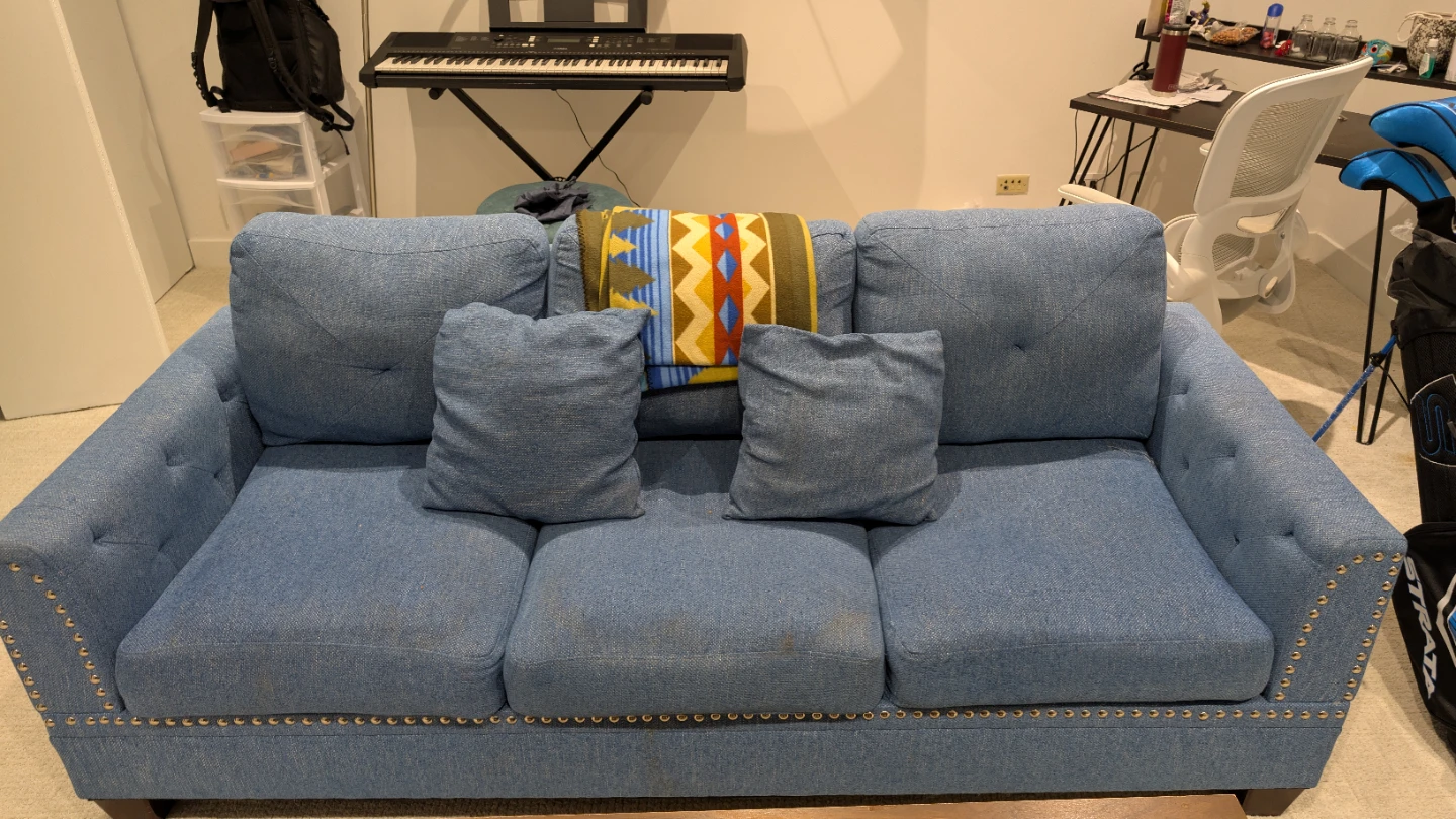 Blue Upholstered Sofa with Studded Details - photo 3