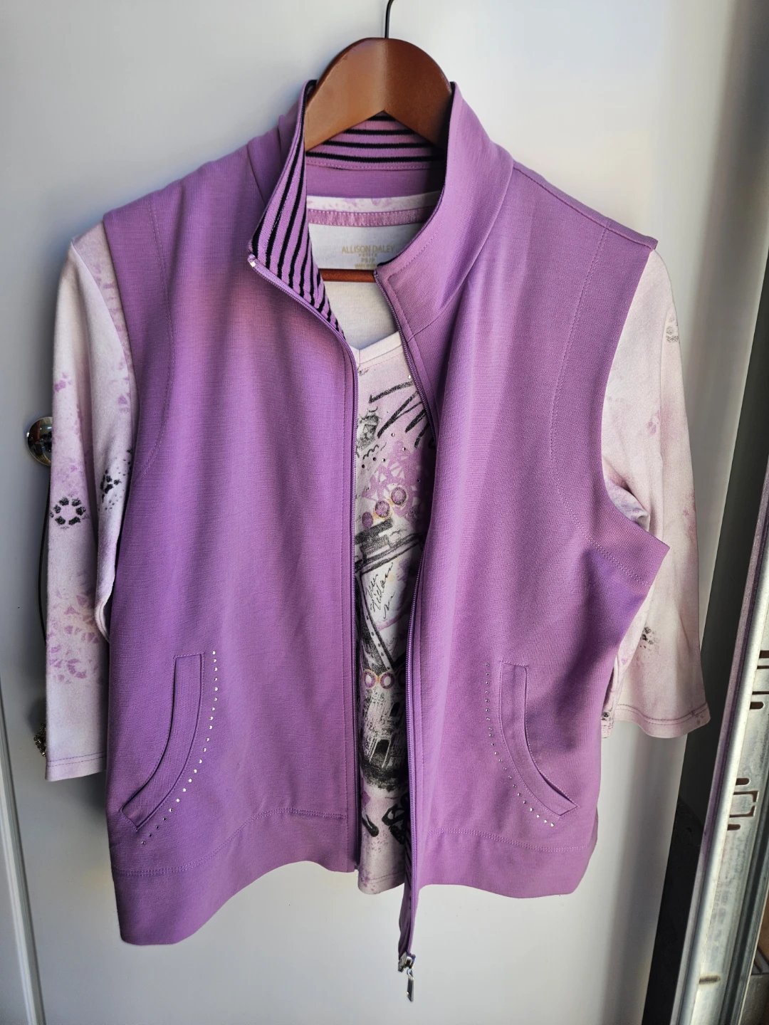 Allison Daley Petite Purple Vest and Pink Print Top Set