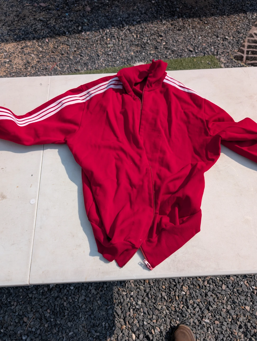 Vintage Red Adidas Track Jacket with White Stripes