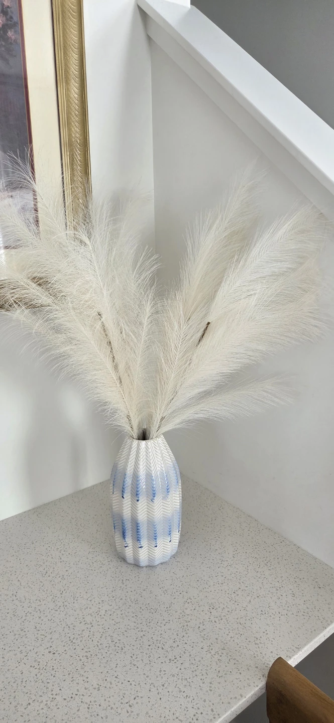 White Faux Pampas Grass in Blue and White Zigzag Vase