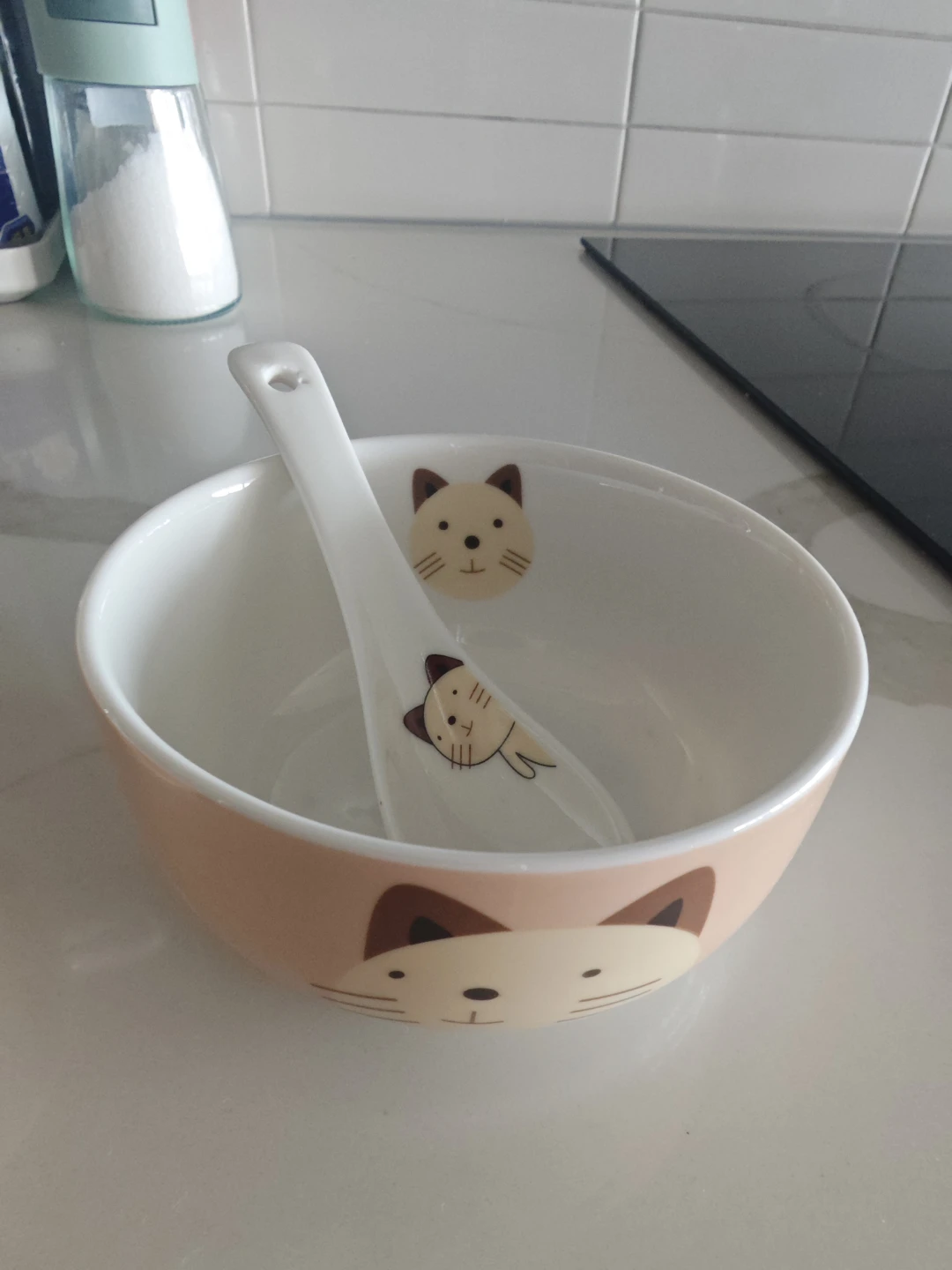 Ceramic Bowl and Spoon Set with Cat Design