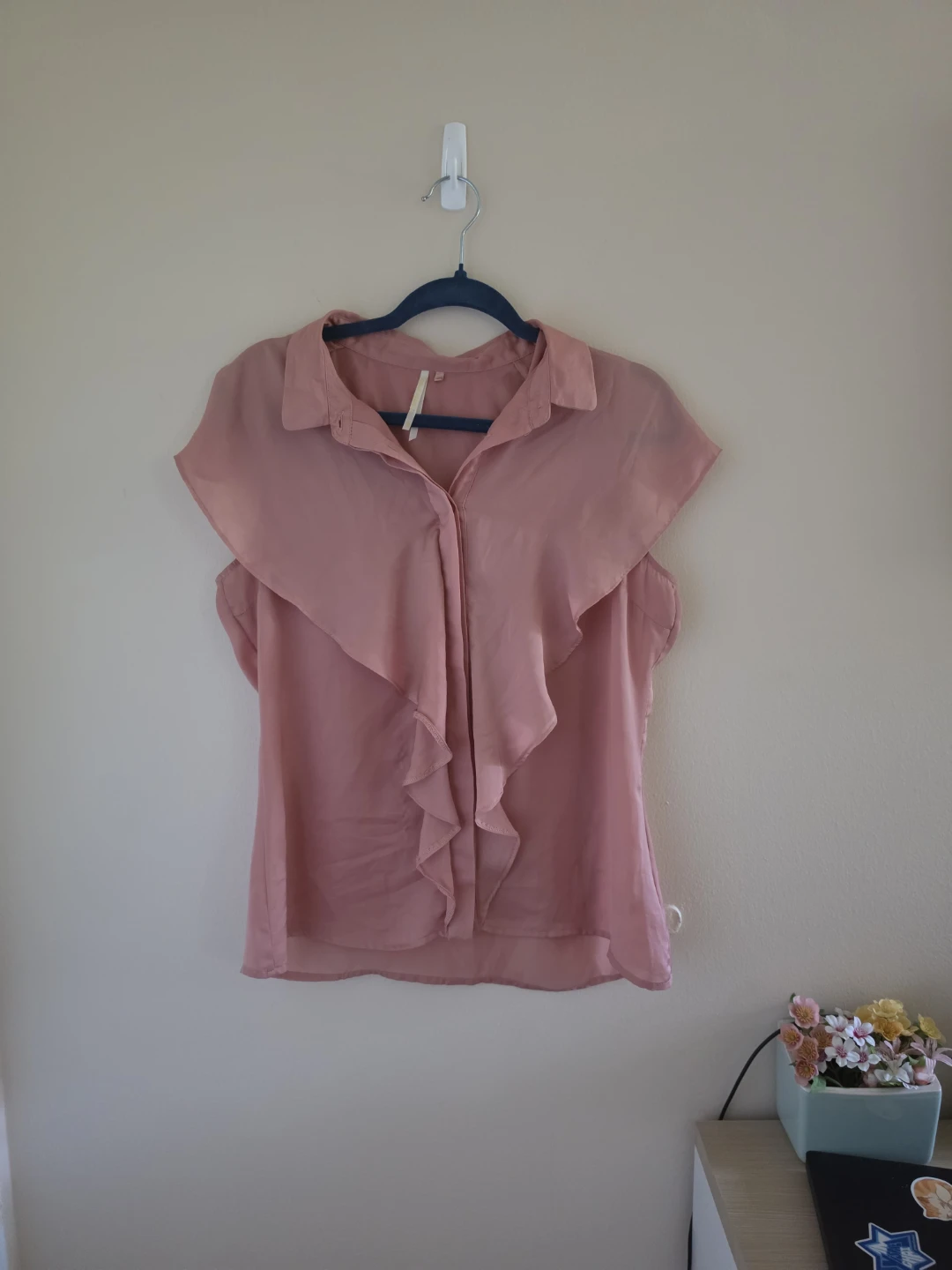 Coral pink satin Ruffle Blouse- size M