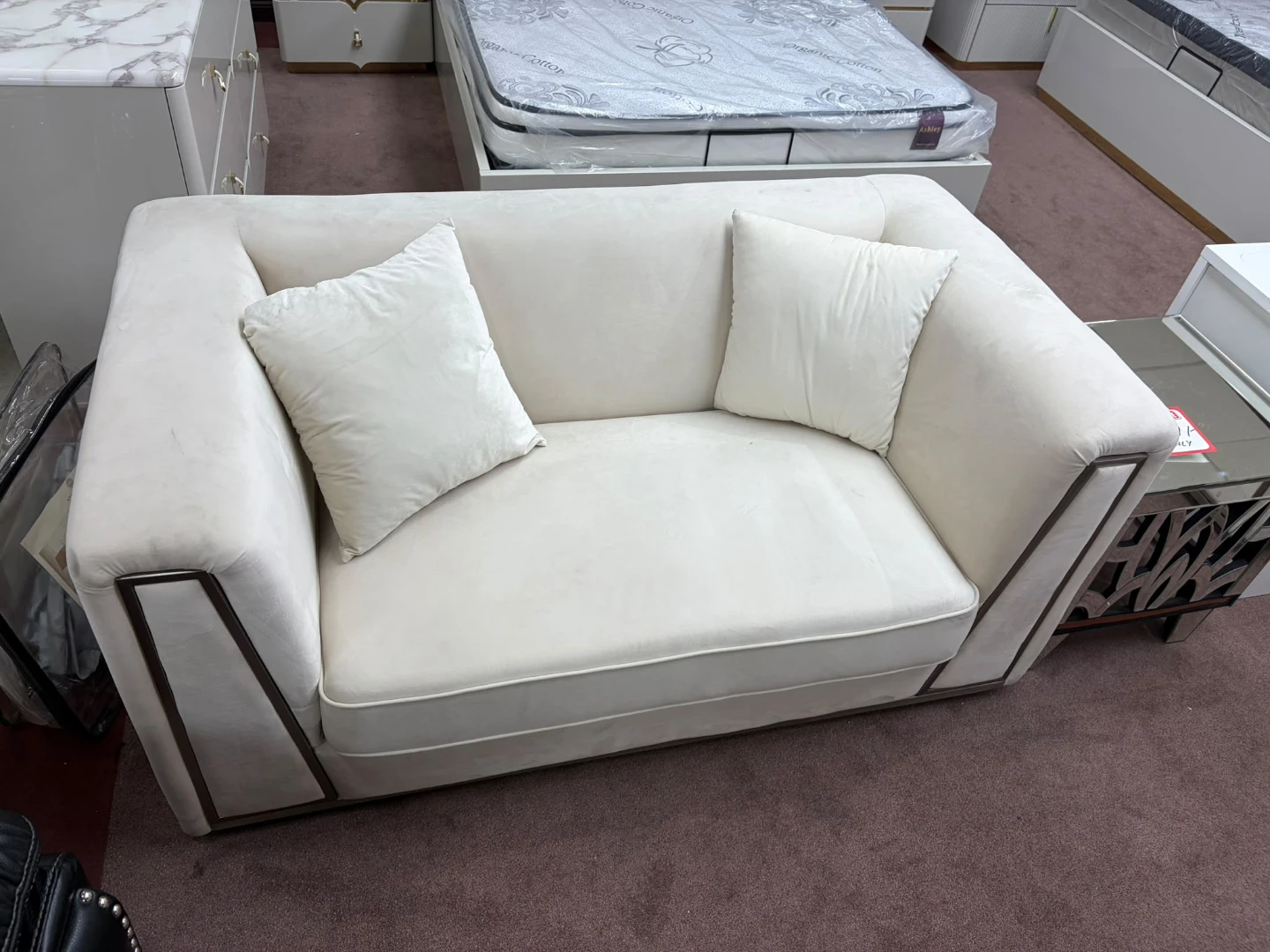 Cream Velvet Sofa with Studded Back - photo 2