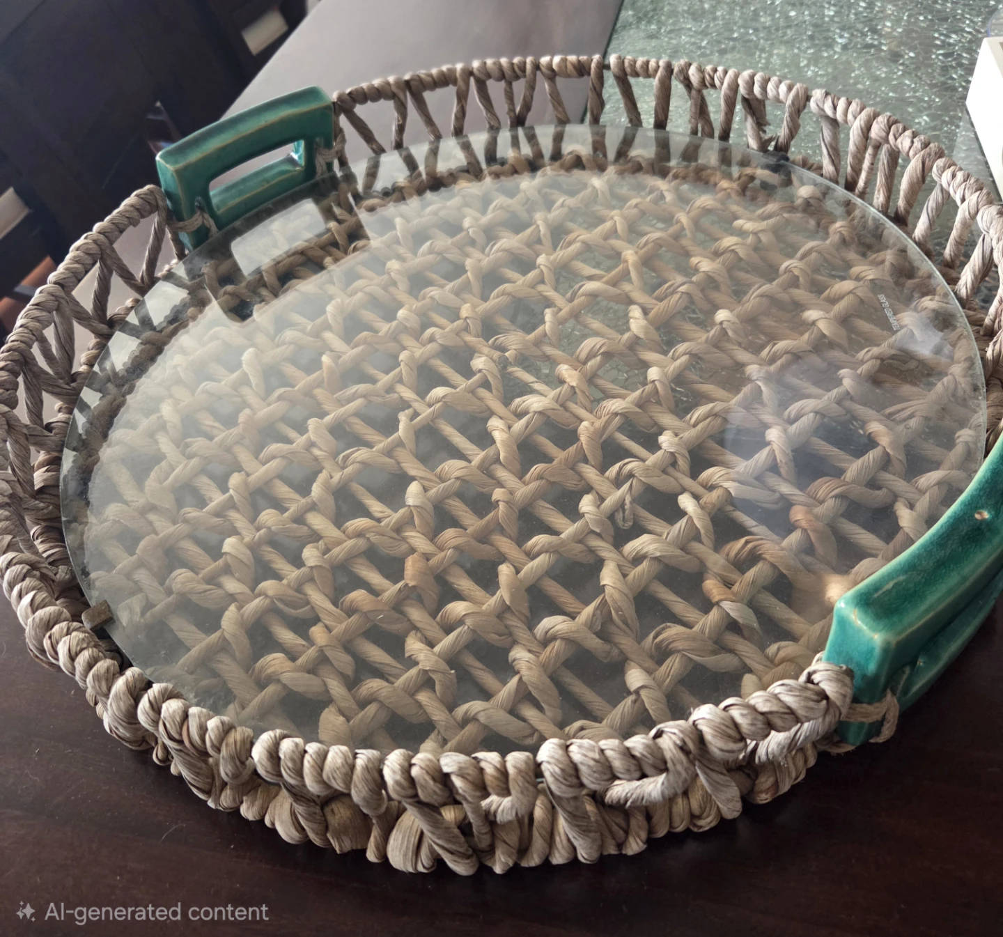 Woven Serving Tray with Glass Insert