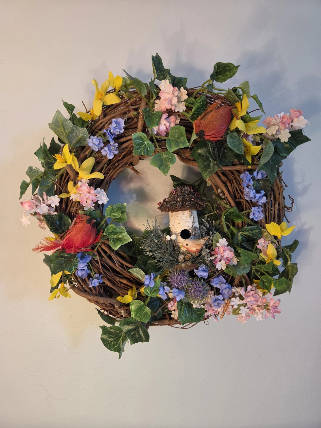 Floral Handcrafted Wreath w/ Birds & flowers 12"