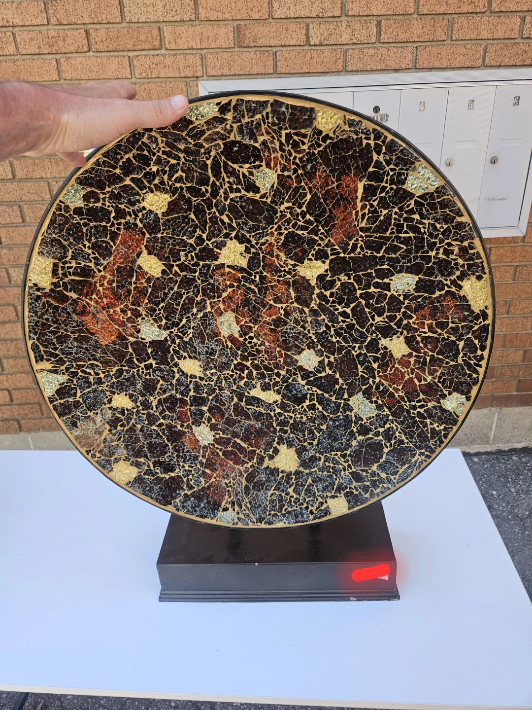 Red & Gold Mosaic Cased Art Glass Huge Footed Bowl 24" Plate