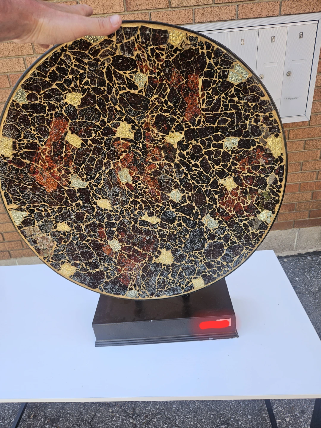 Red & Gold Mosaic Cased Art Glass Huge Footed Bowl 24" Plate - photo 2
