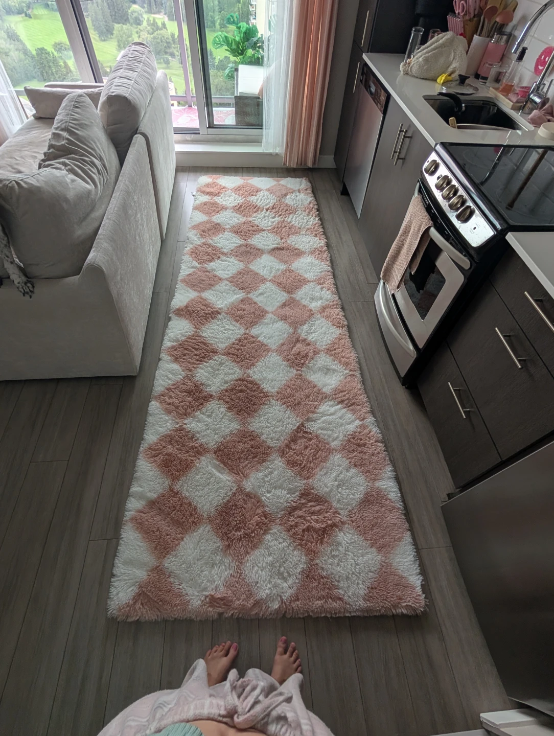 Pink and White Diamond Shag Runner Rug