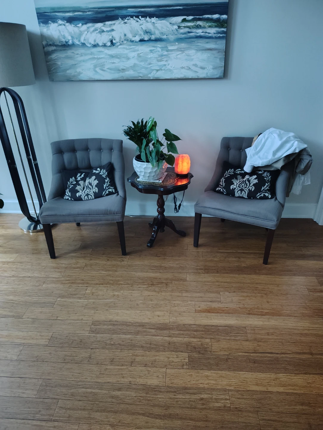 Grey Accent Chairs with Decorative Pillows