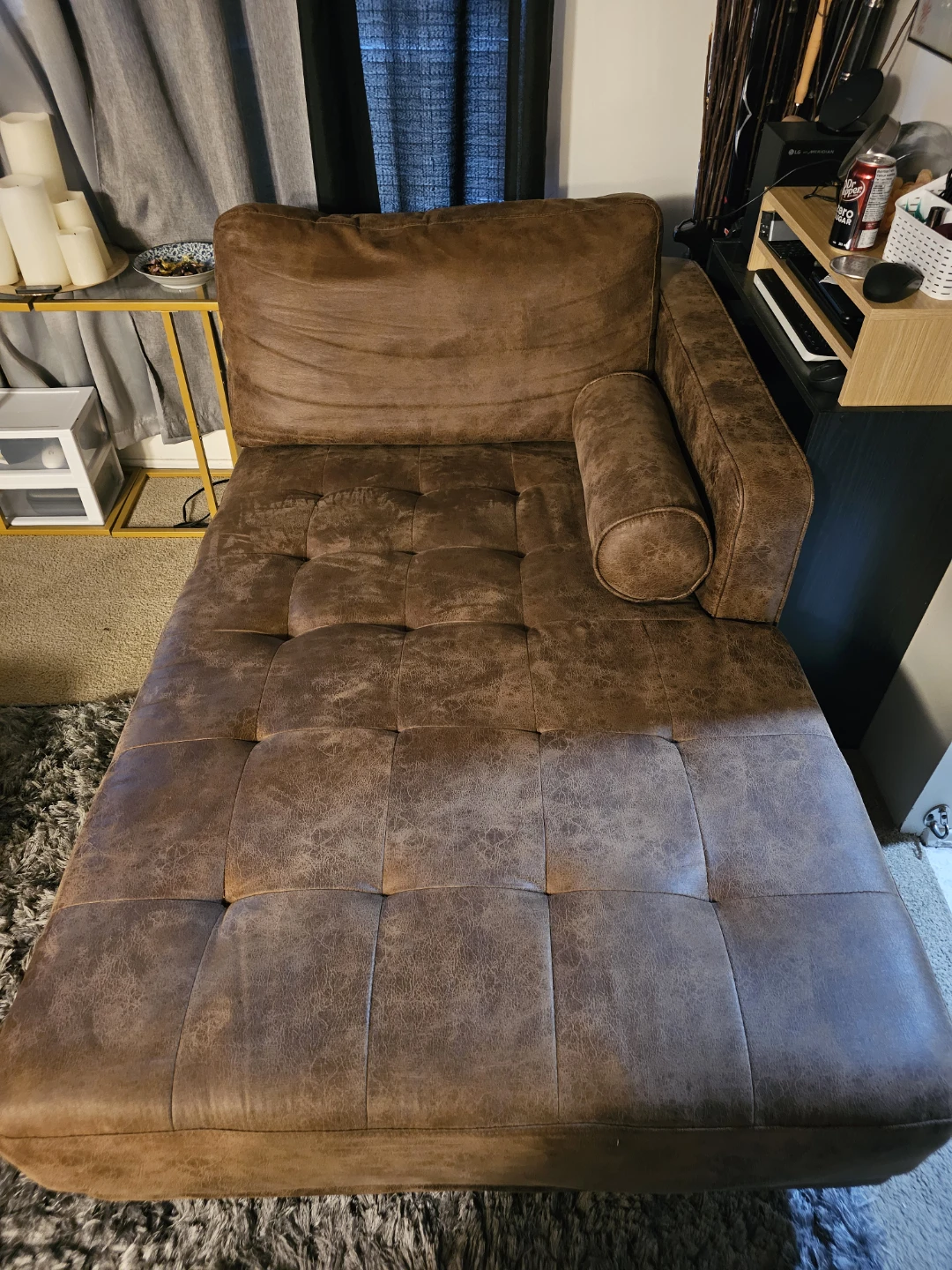 Brown Faux Leather Chaise Lounge.