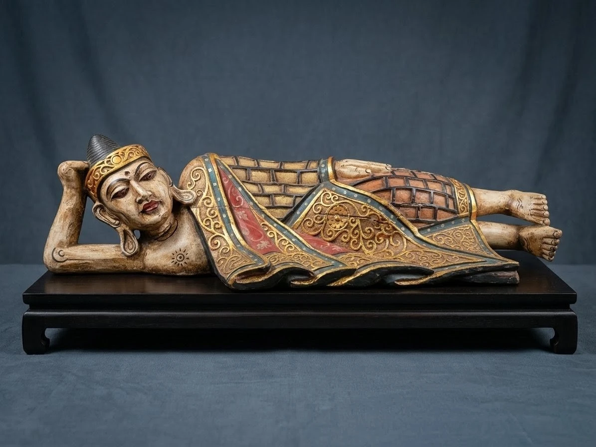 Vintage Carved Wood Reclining Buddha – Gold Leaf & Jewel Accents