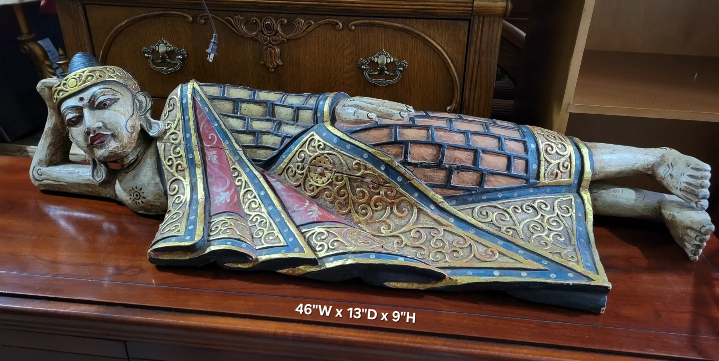 Vintage Carved Wood Reclining Buddha – Gold Leaf & Jewel Accents - photo 2