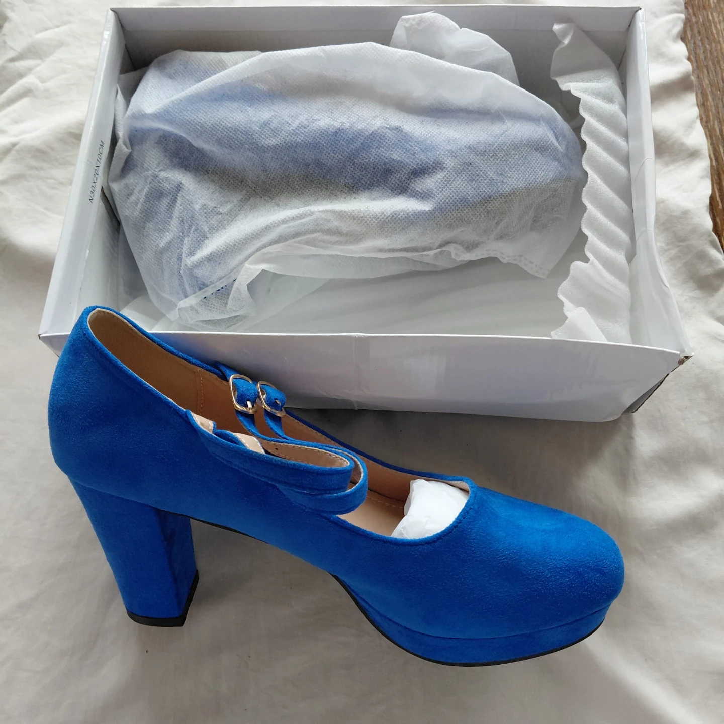 Blue Suede Block Heel Mary Janes