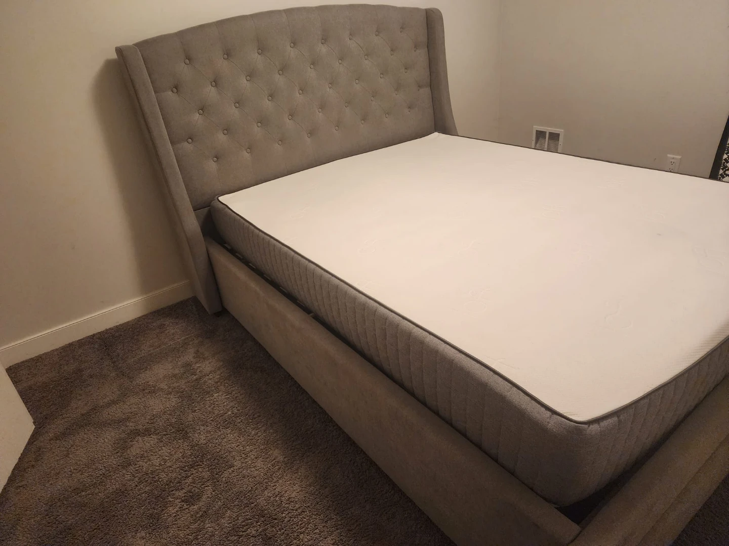 Like New Queen bed set Upholstered Frame & Mattress with storage
