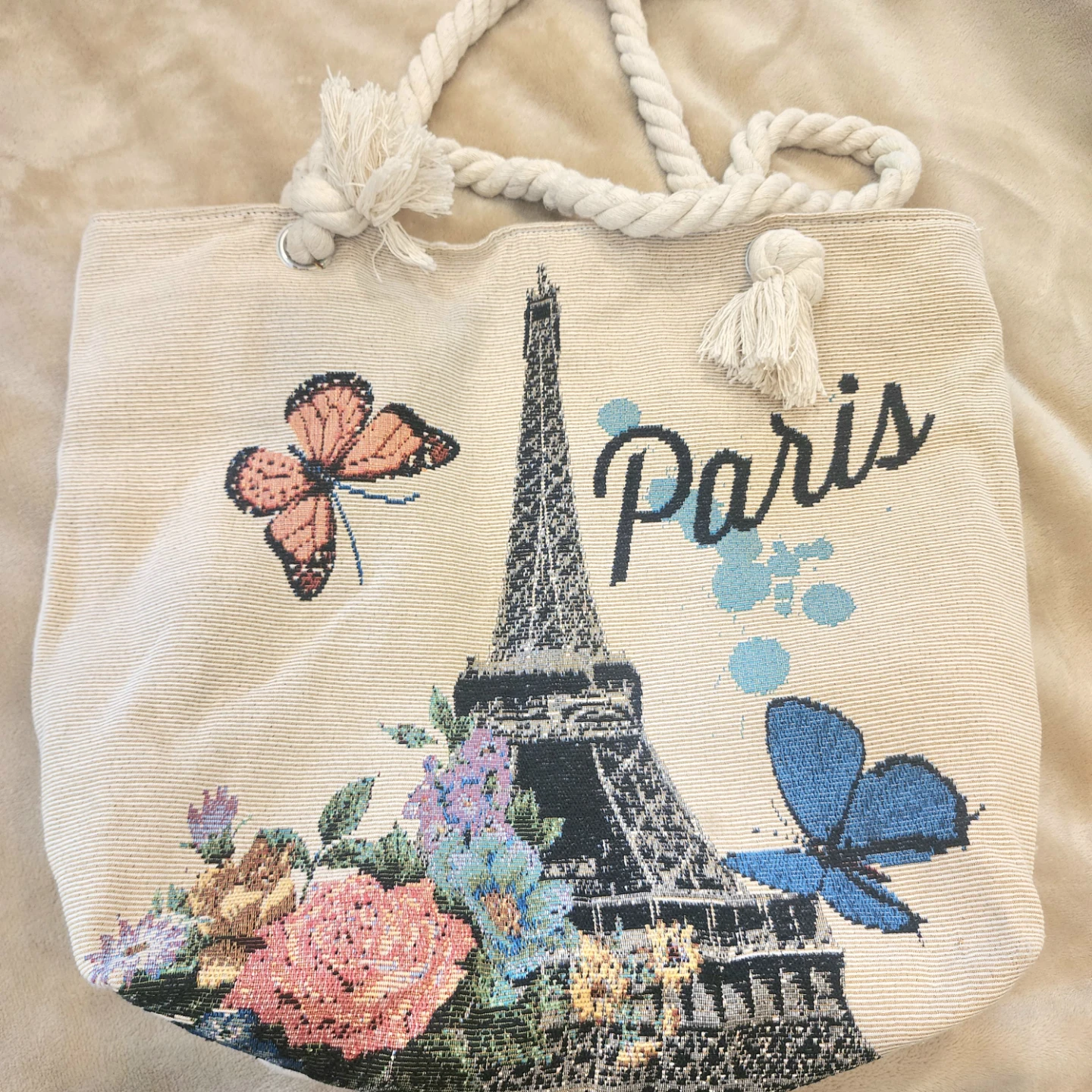 Tote Bag with Eiffel Tower and Butterfly Design