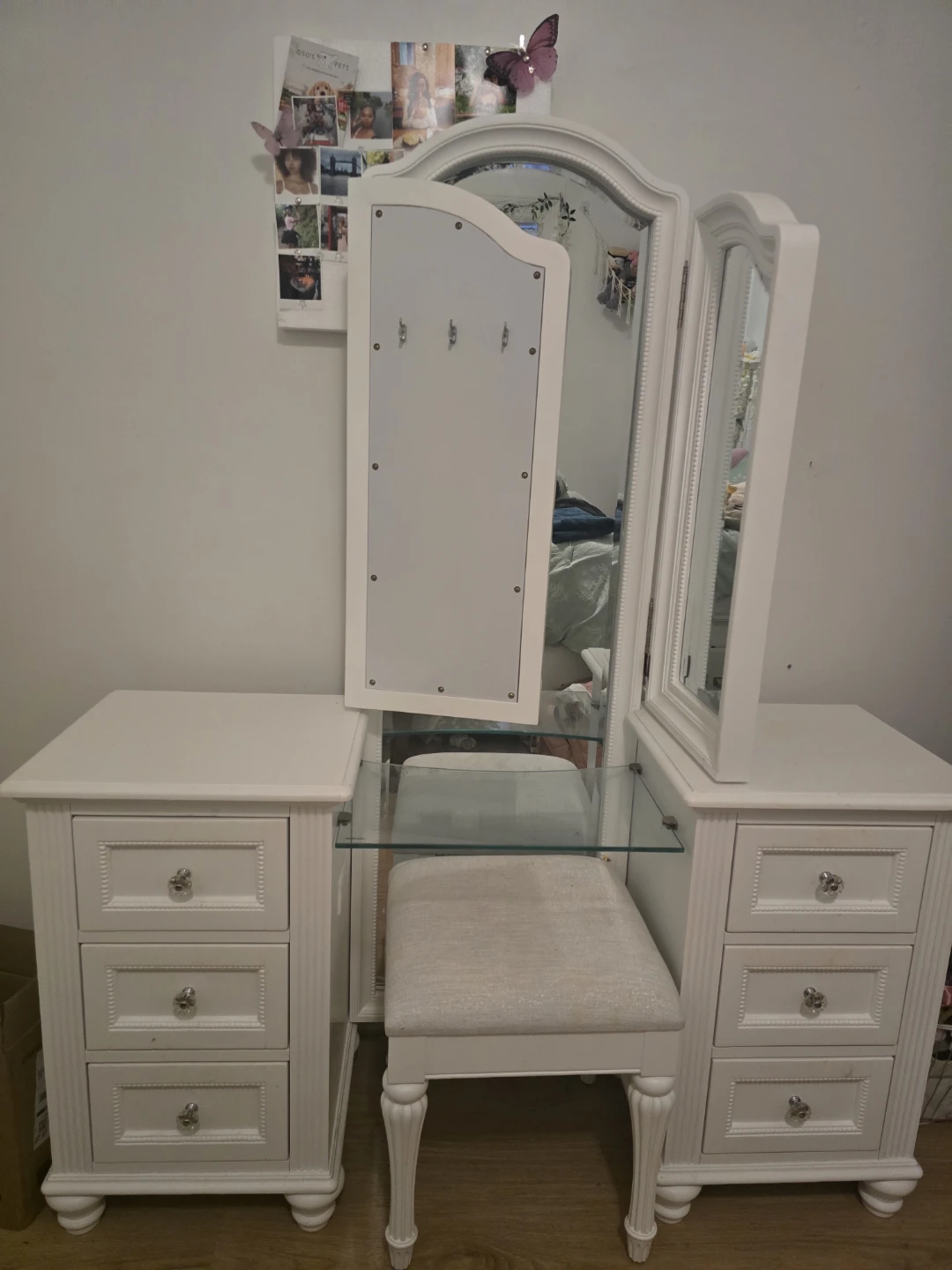 White Vanity Set with Tri-Fold Mirror and Stool