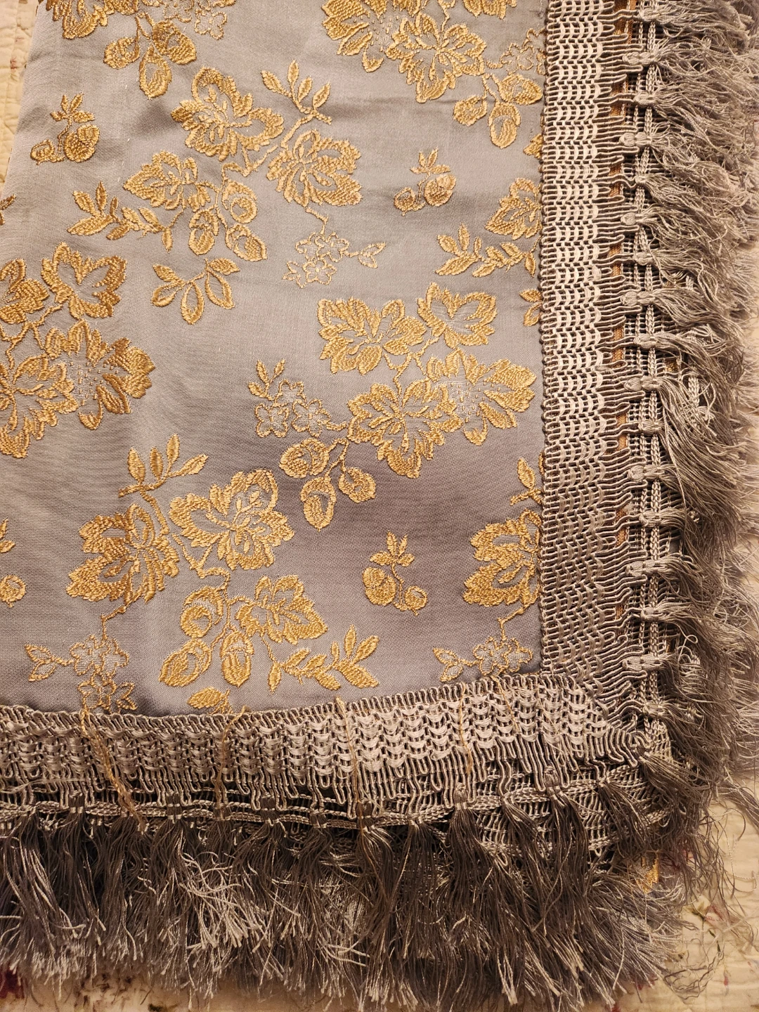 Decorative Bedspread with Gold Floral Embroidery and Fringe - photo 3