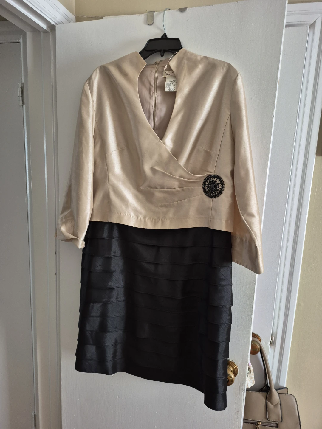 Women's Champagne and Black Tiered Dress