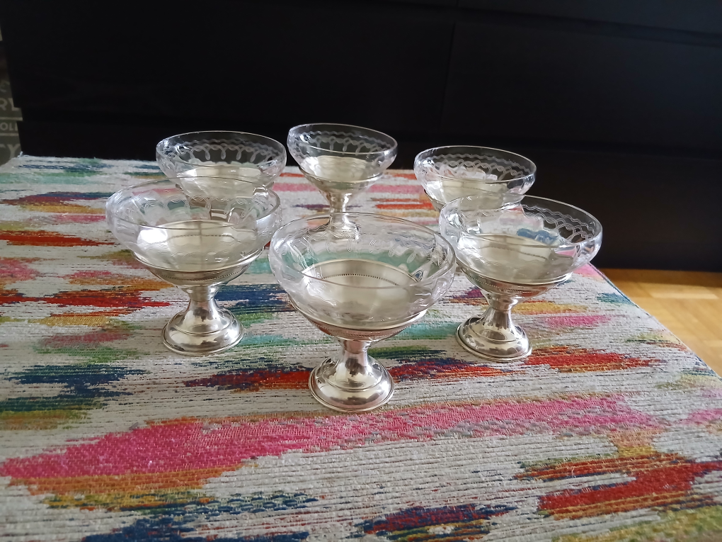 Set of 6 Sterling Silver and Glass Dessert Cups
