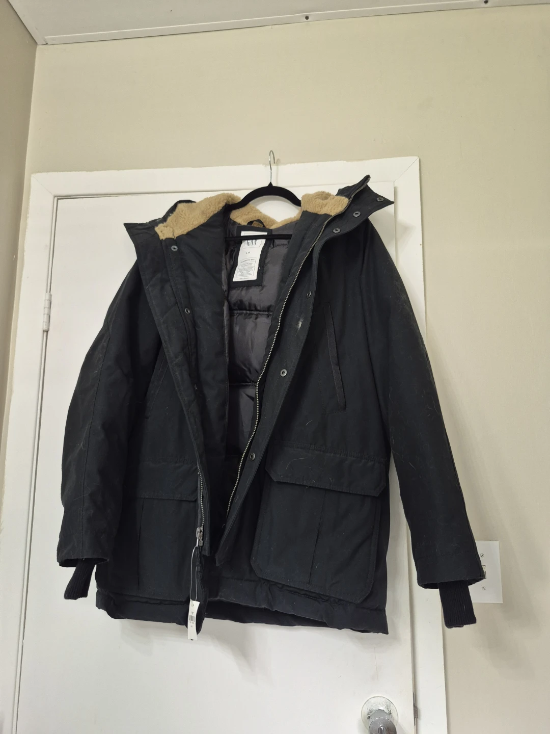 GAP Black Parka Jacket with Fur Trimmed Hood