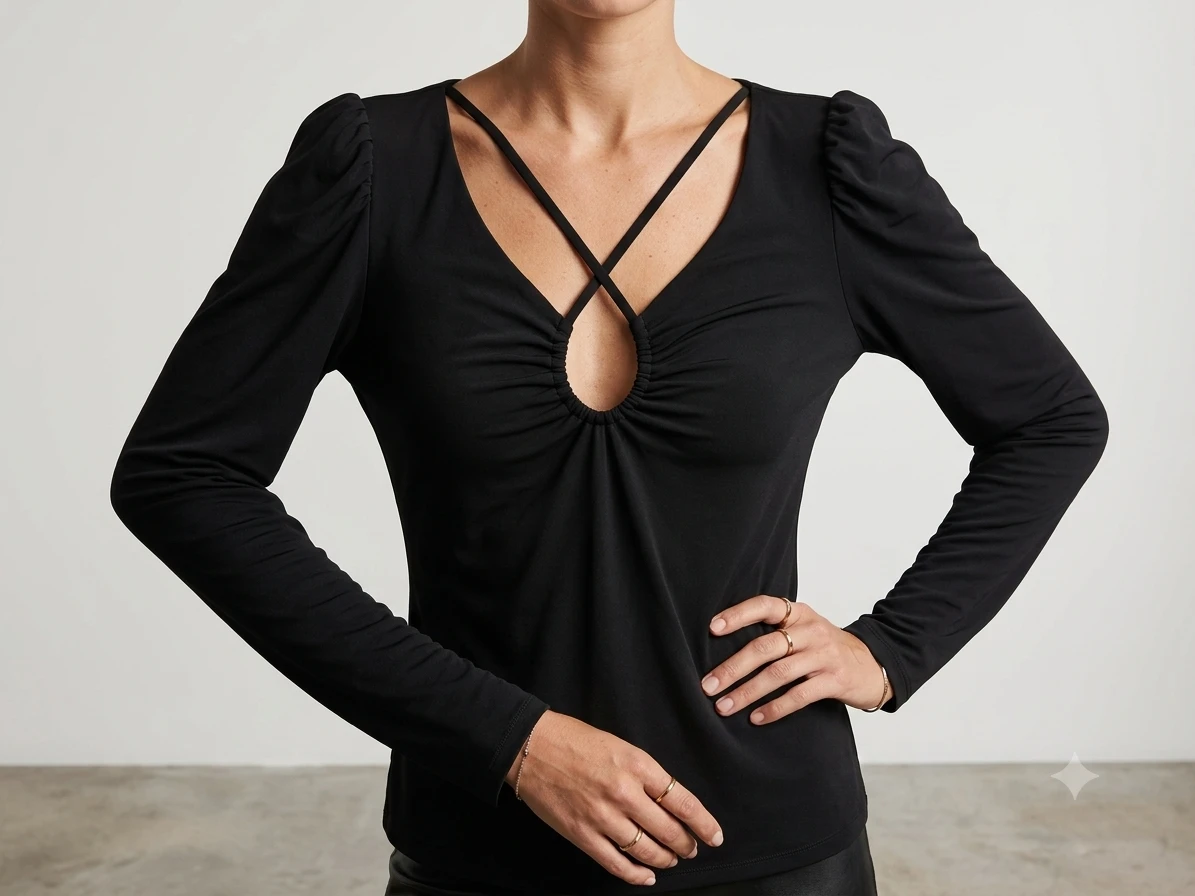 EXPRESS Black Long Sleeve Ruched V-Neck Top Size L - photo 2