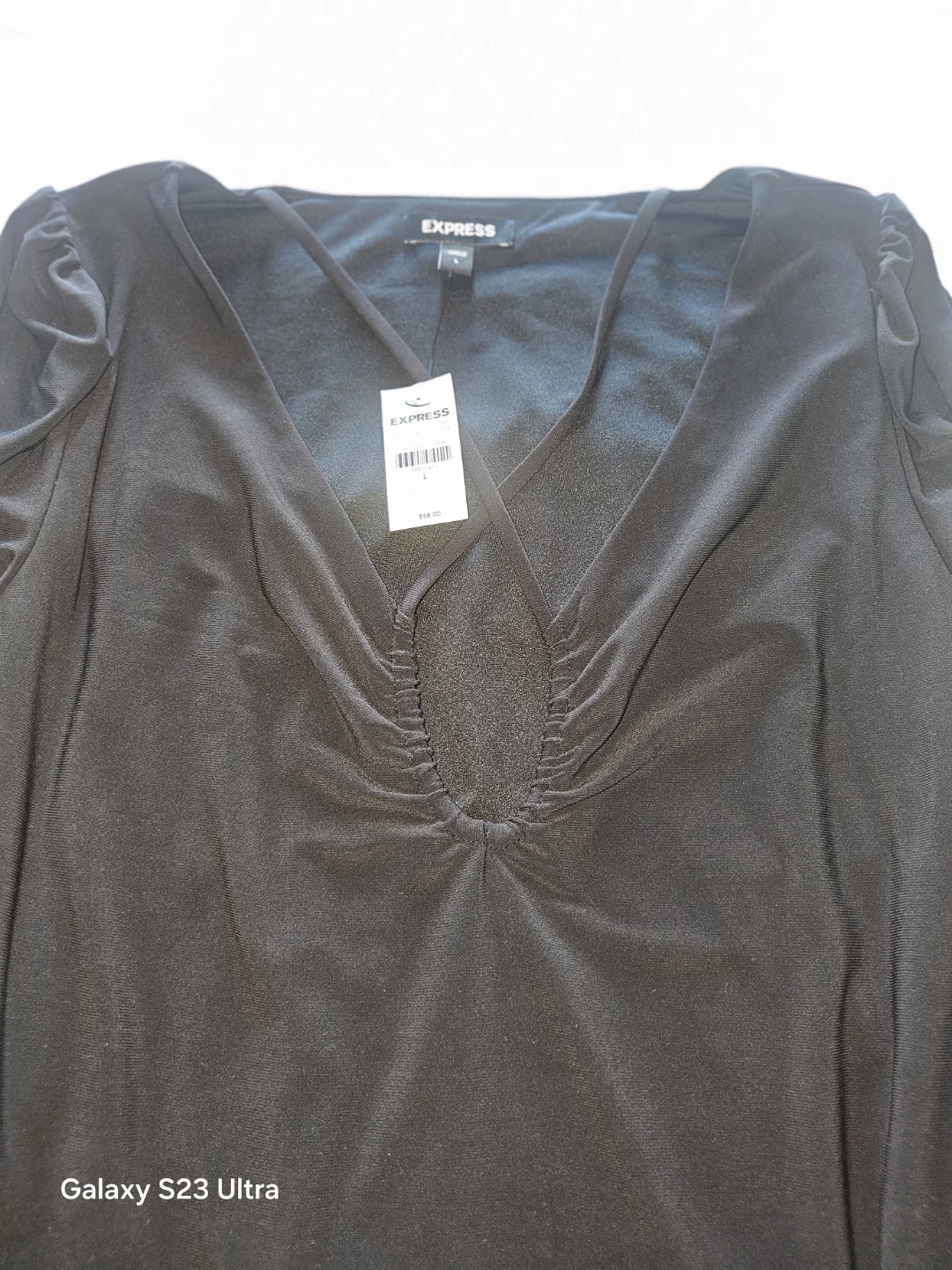 EXPRESS Black Long Sleeve Ruched V-Neck Top Size L - photo 3