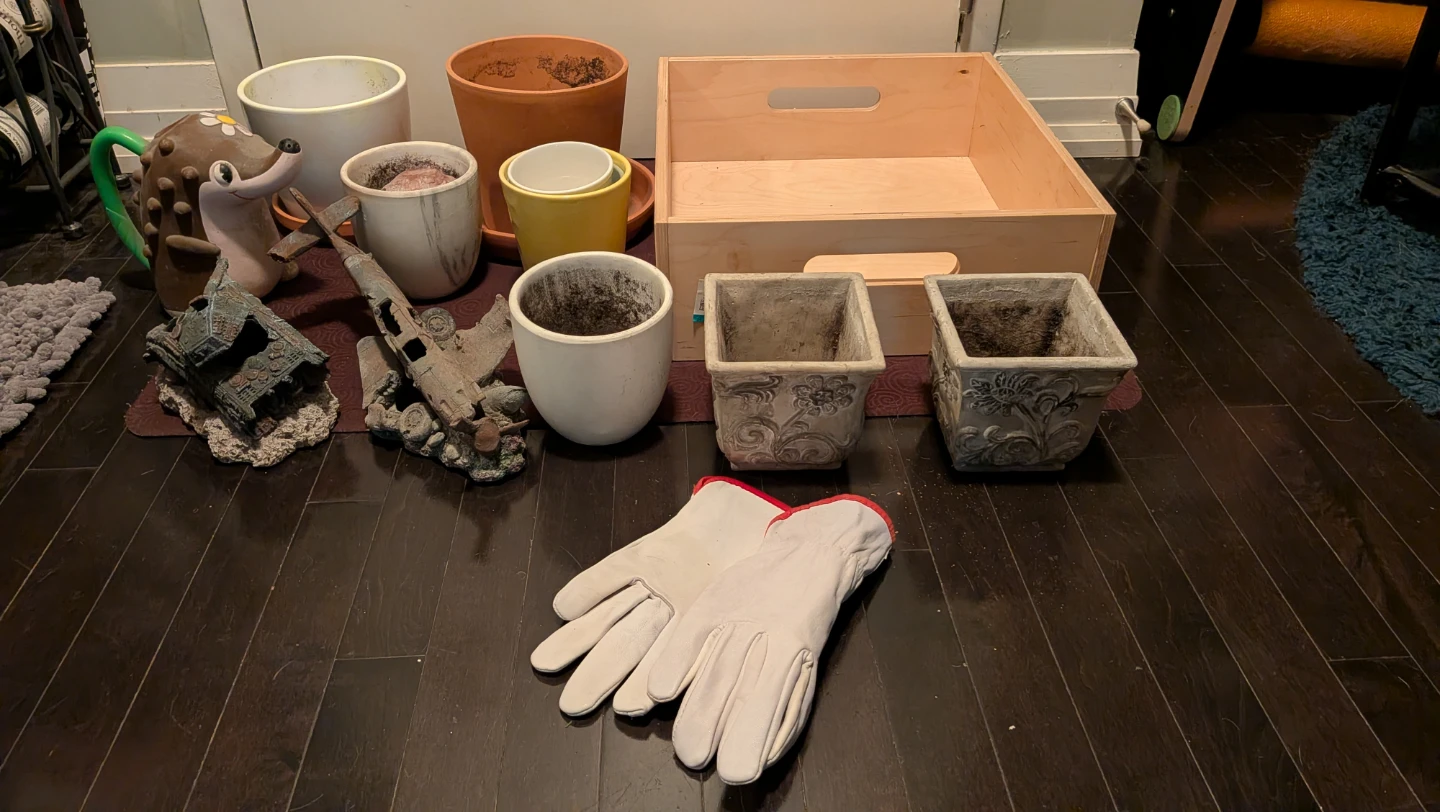 Assorted Planters, Gloves, Box and Garden Decor