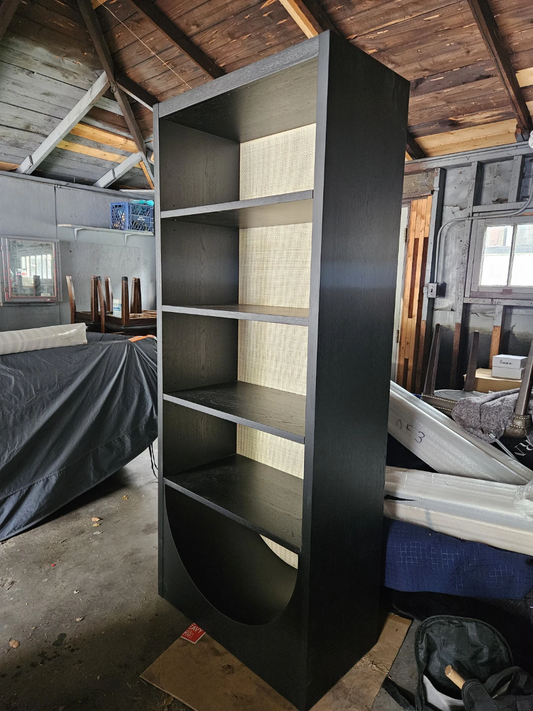 Black Wooden Bookshelf with Woven Backing - photo 2