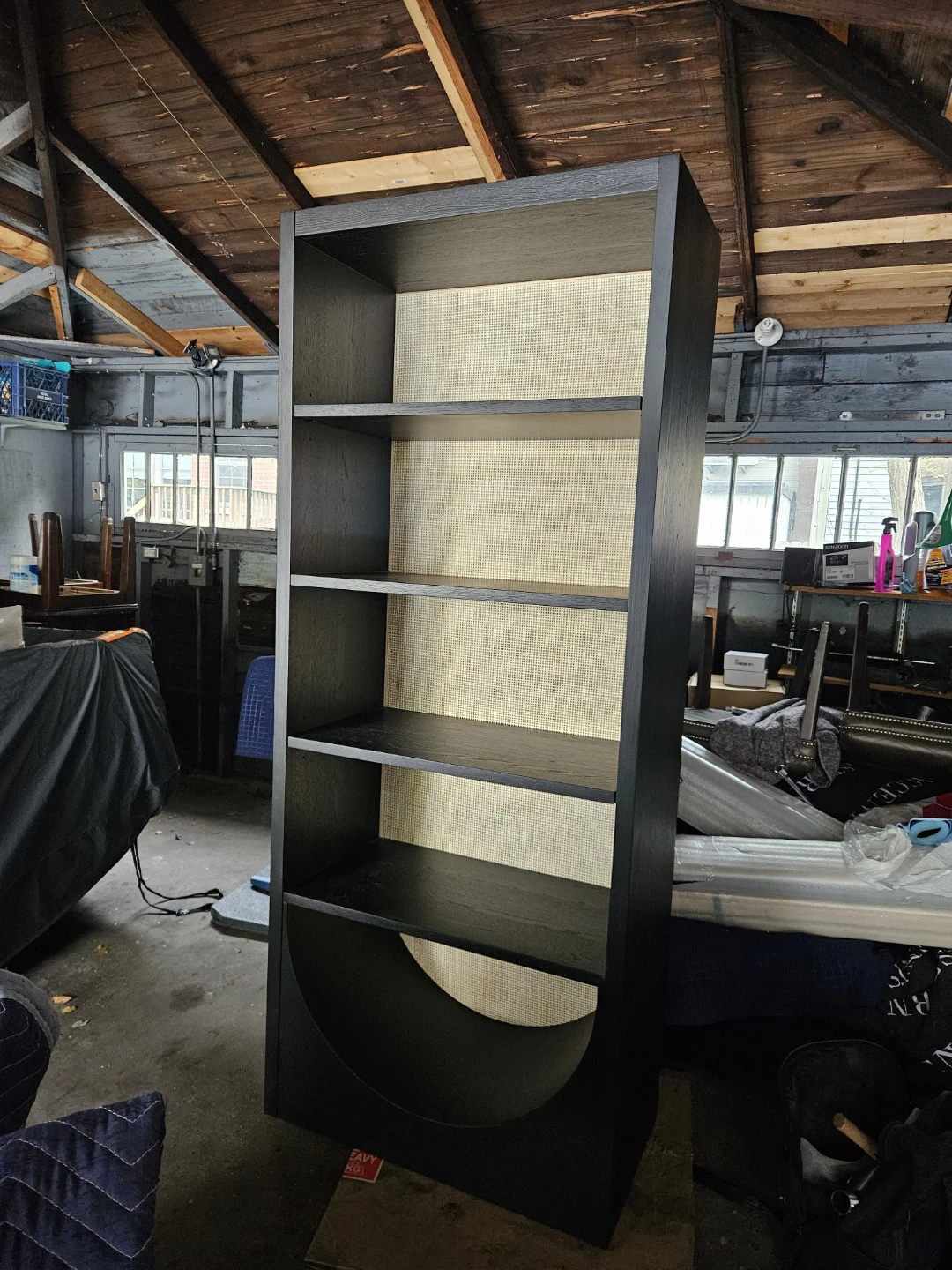 Black Wooden Bookshelf with Woven Backing - photo 3