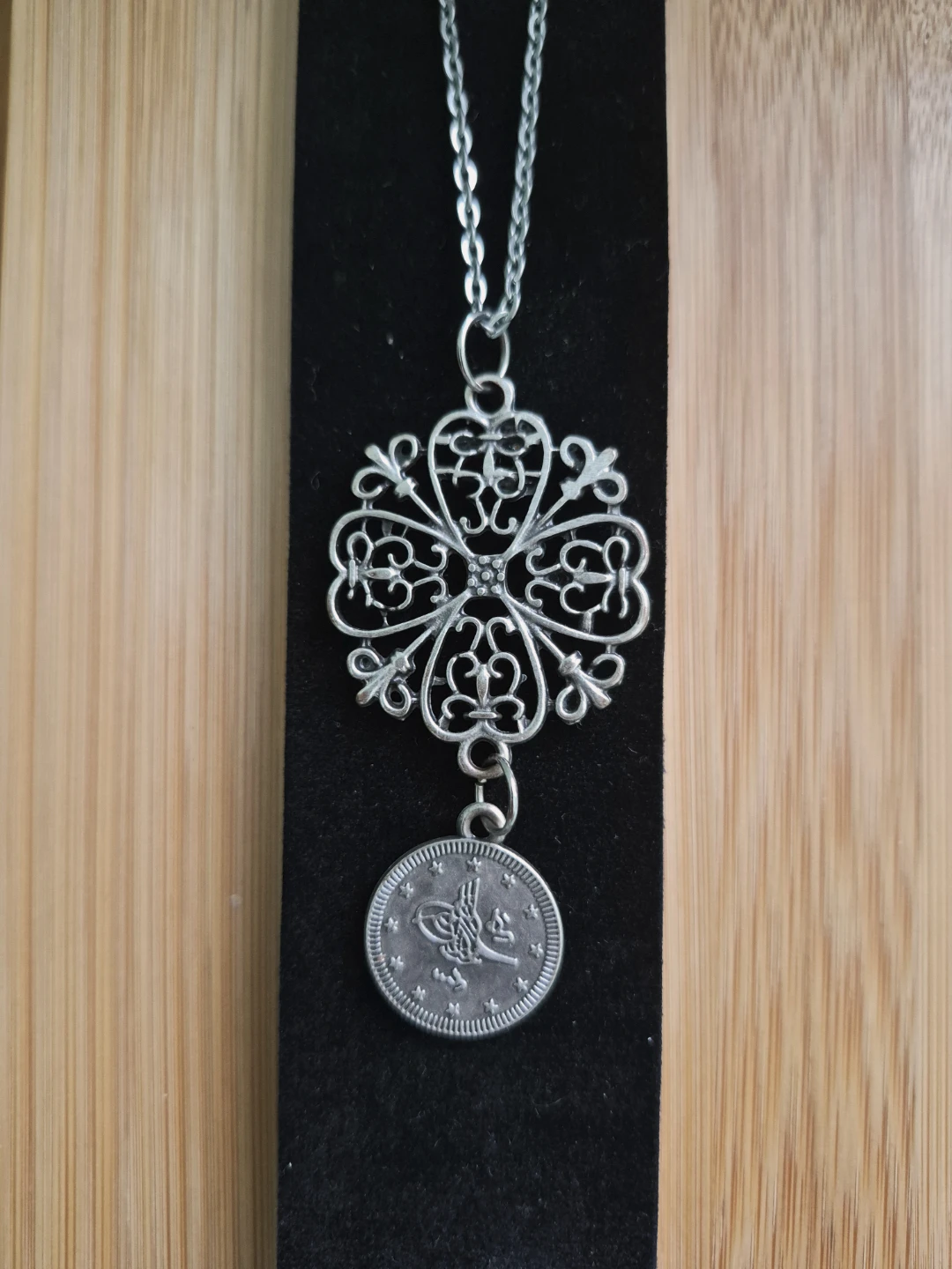 Filigree Flower and Tughra Coin Pendant Necklace