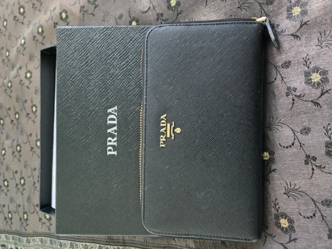 Prada Black Saffiano Leather Zip Around Wallet