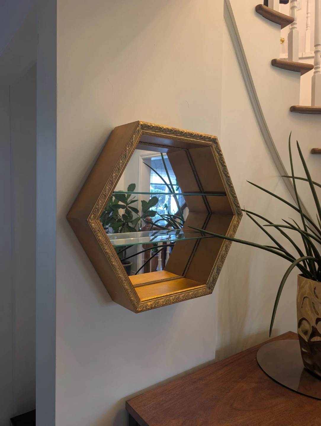 Gold Hexagon Wall Shelf with Mirror Back