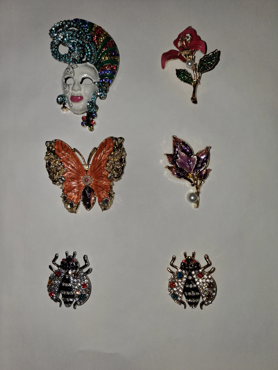 Assorted Rhinestone Brooches - Butterfly, Mask, Flower, Bugs