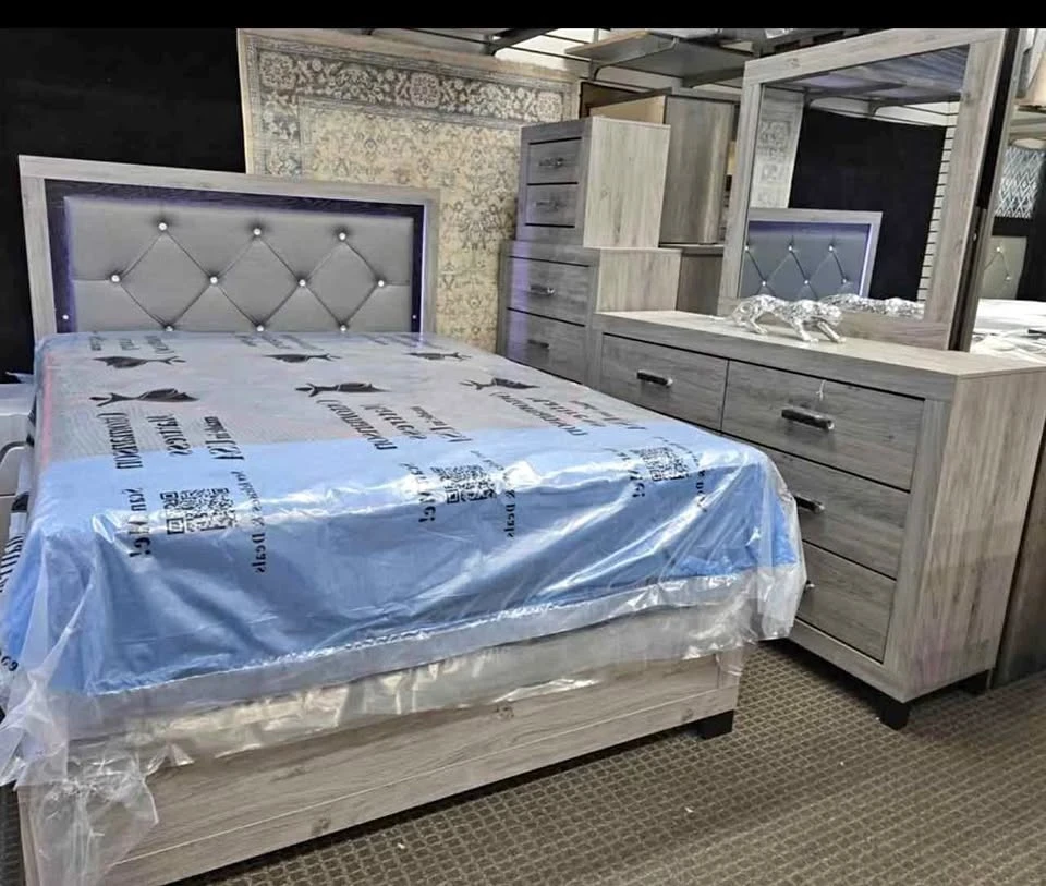 Grey Tufted Headboard Bed Frame with LED Lights - photo 2
