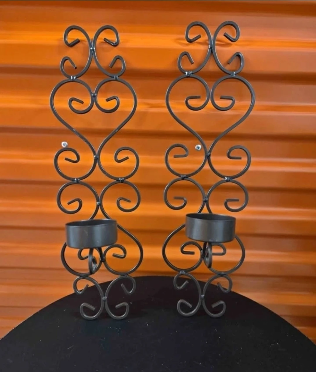 Vintage Black Wrought Iron Scroll Wall Sconce Candle Holders