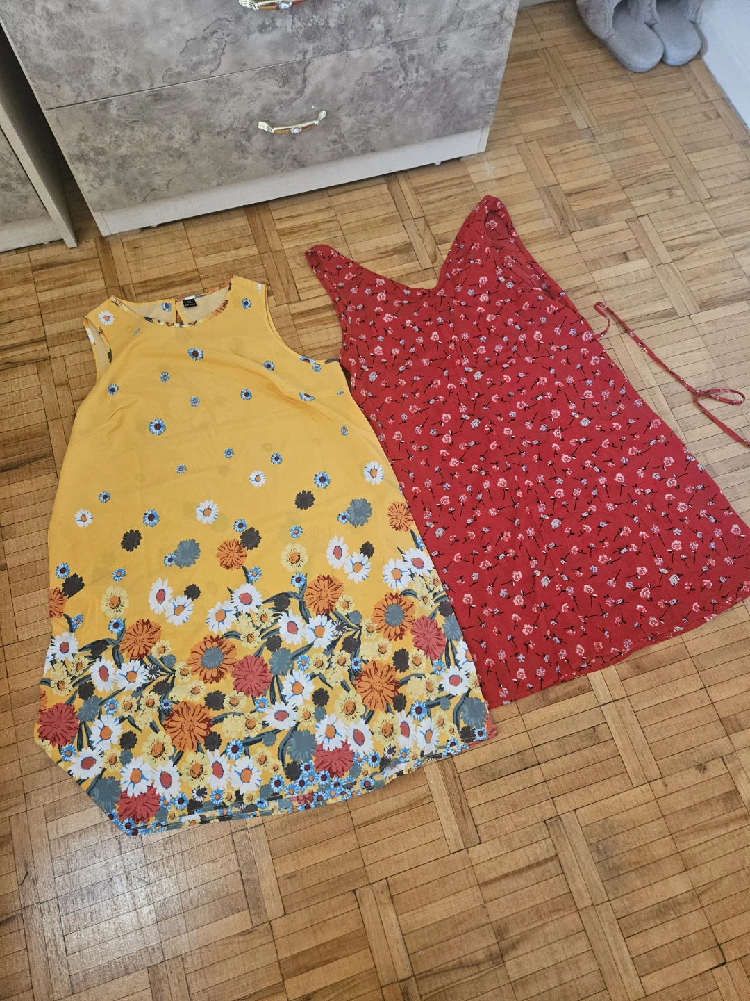 Two Women's Dresses - Yellow Floral & Red Floral