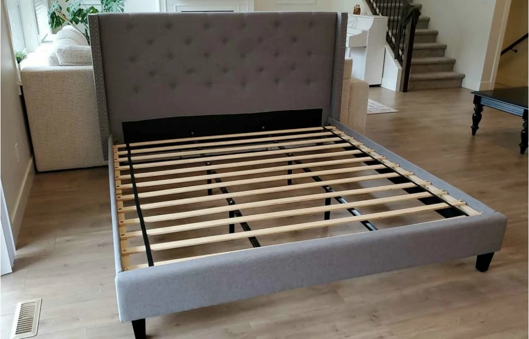 LIKE NEW King Grey Upholstered Tufted Wingback Bed Frame