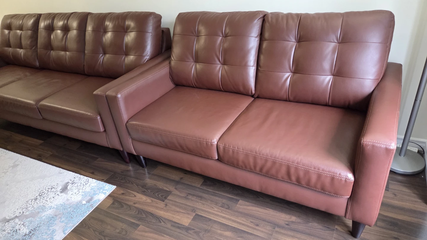 Brown Faux Leather Sofa Set - Tufted Back