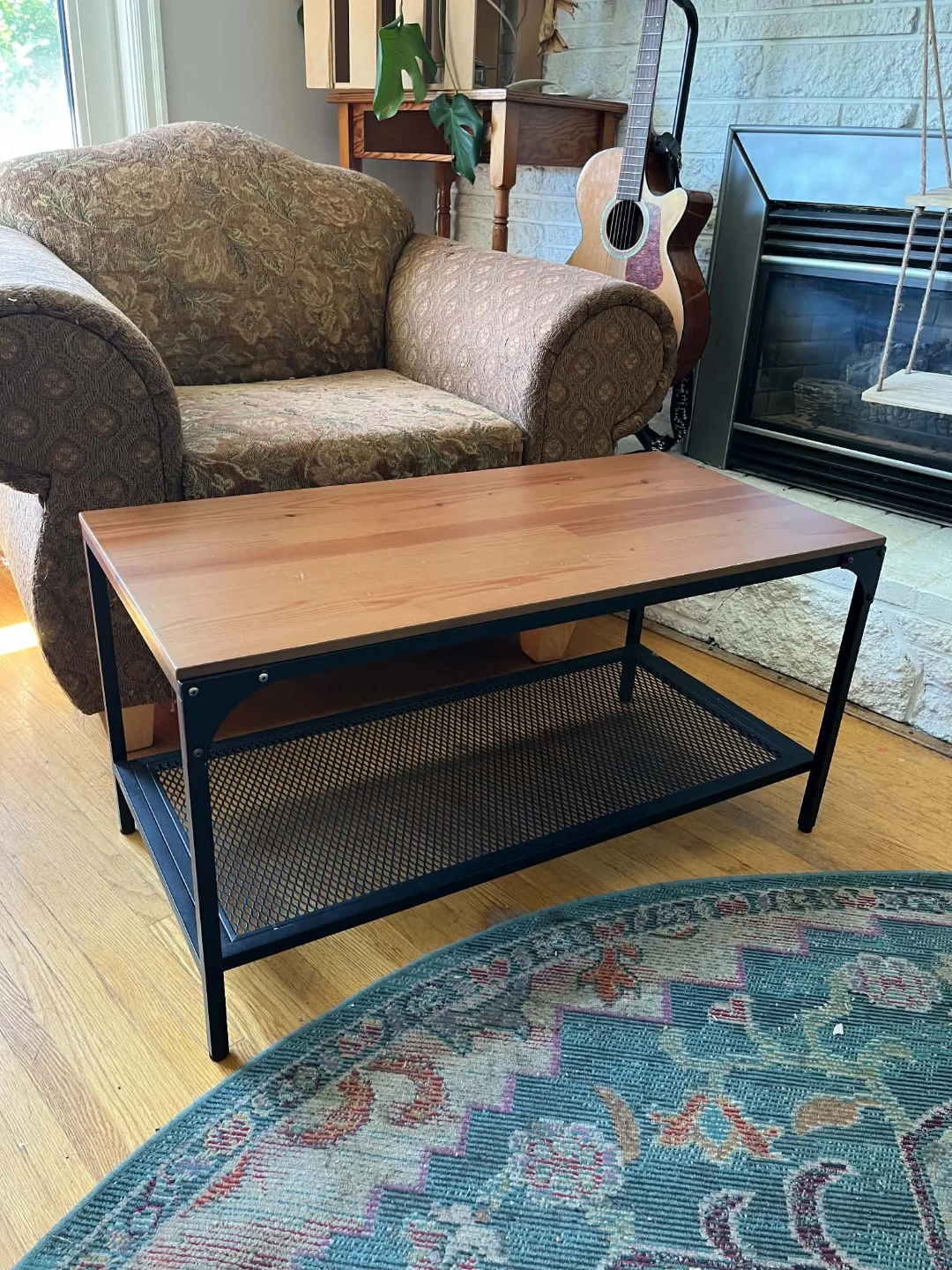 Coffee Table with Wood Top and Metal Mesh Shelf (IKEA)