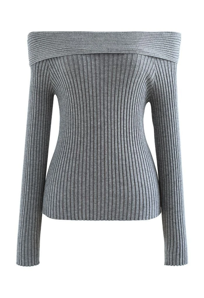 Grey Off-the-Shoulder Ribbed Sweater - photo 2